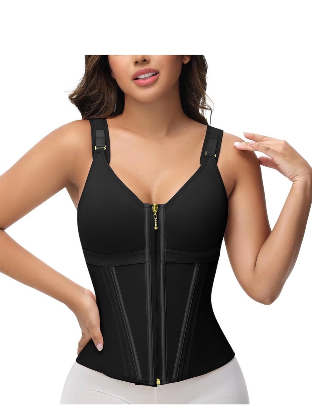 Front-Zip Black Shaping Bodysuit with Adjustable Straps